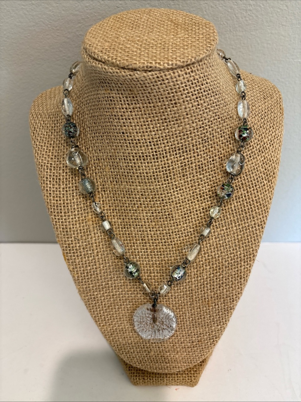 Glass Pendant Necklace Beaded White Frosted Shimmer Art Glass 18”